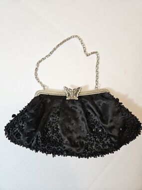 Menbur Black Beaded Evening Clutch with Butterfly Clasp